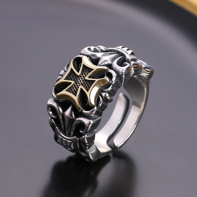 Vintage Thai Silver Cross Men's Open Ring Personalized Fashion Punk Ring