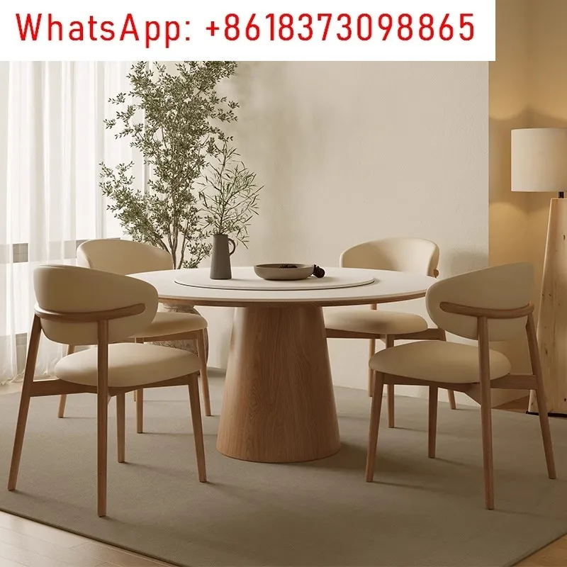 

Round solid wood rock slab dining table and chair combination household dining table with turntable large round table