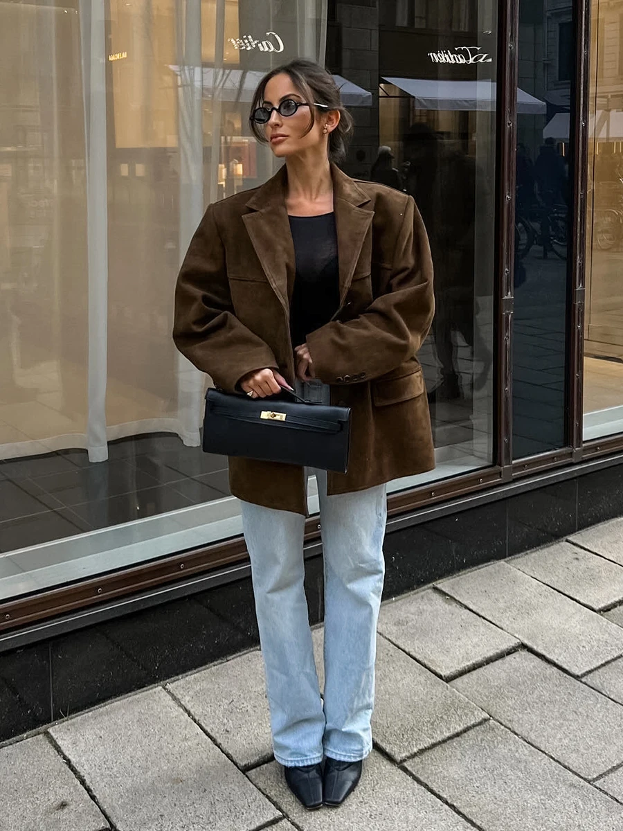 Cappotto vintage in pelle scamosciata solida per donna Autunno monopetto Colletto con risvolto Streetwear Moda Capispalla a maniche lunghe 2024 Nuovo
