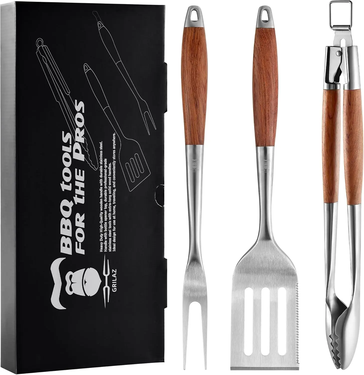 

Heavy-Duty Rose Wooden BBQ Grilling Tools Set. Extra Thick Stainless Steel Multi-Function Spatula, Fork & Tongs | Essent