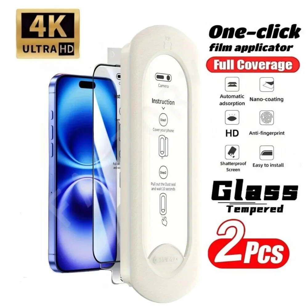 

2Pcs HD Clear Tempered Glass for iPhone 16 15 14 Pro Max 16e 15 14 Plus 13 12 11 Pro XR XS One Click Dust Free Screen Protector