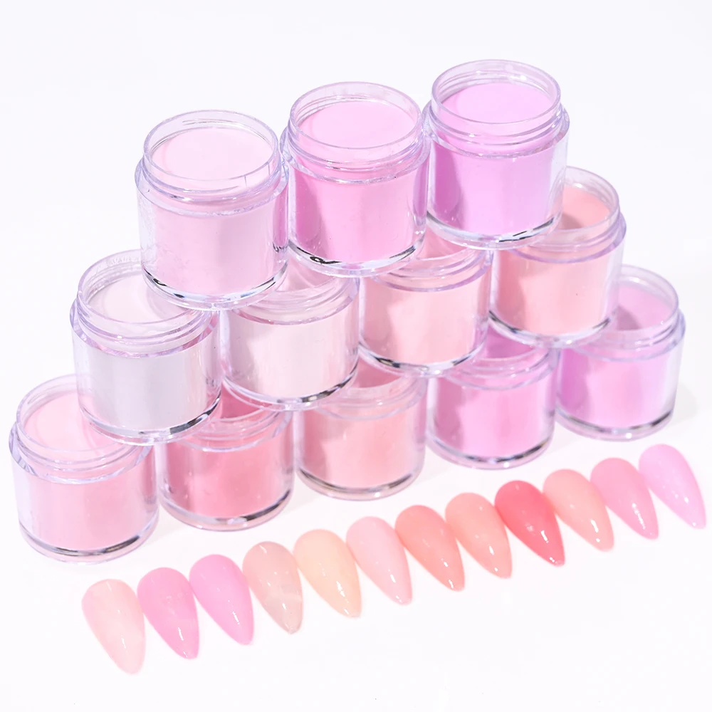 Juego de polvos acrílicos profesionales 3 en 1, 12 colores, color rosa desnudo, 12 tarros, estructura de extensiones de uñas acrílicas y inmersión, polvo, polvos acrílicos, 10g