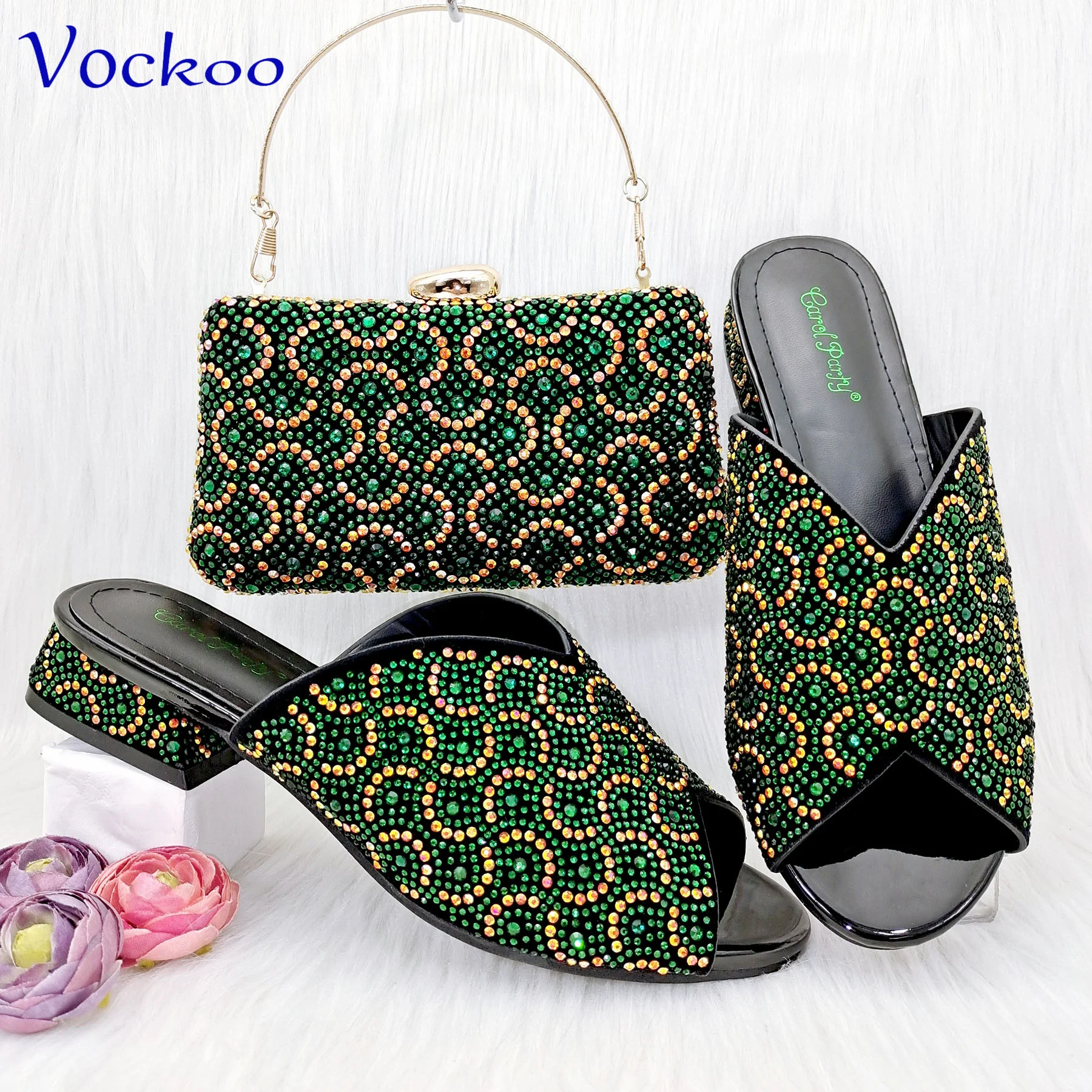 

2023 Rome Style Italian Design African Women Shoes Matching Bag Set Hot Sale Comfortable Low Heels Slipper in Green Color