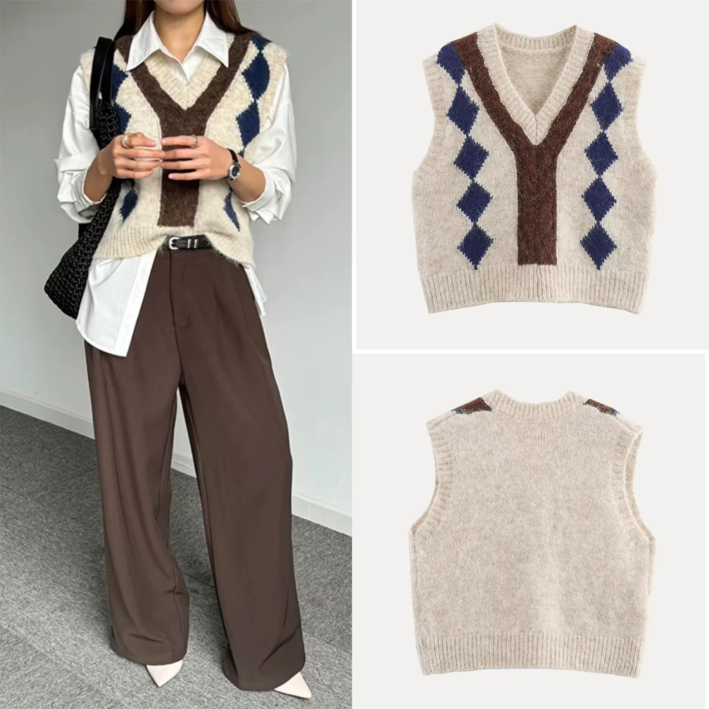 

Retro Color Blo Meral Diamond id Vest Women's Faion Commute Sle V-ne Jaet without Button Autumn New Arrival