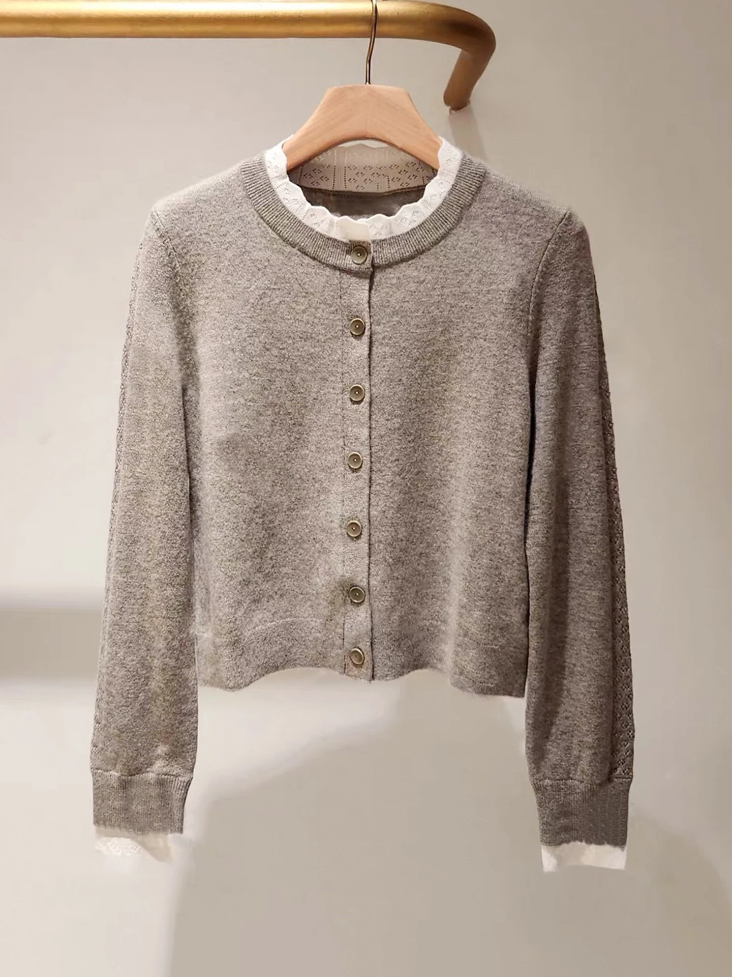 

S Home Nan You High End Women's ort Knitted Open Cardigan Top with Lace Collar Small Fraance Sle Autumn Faion 2025