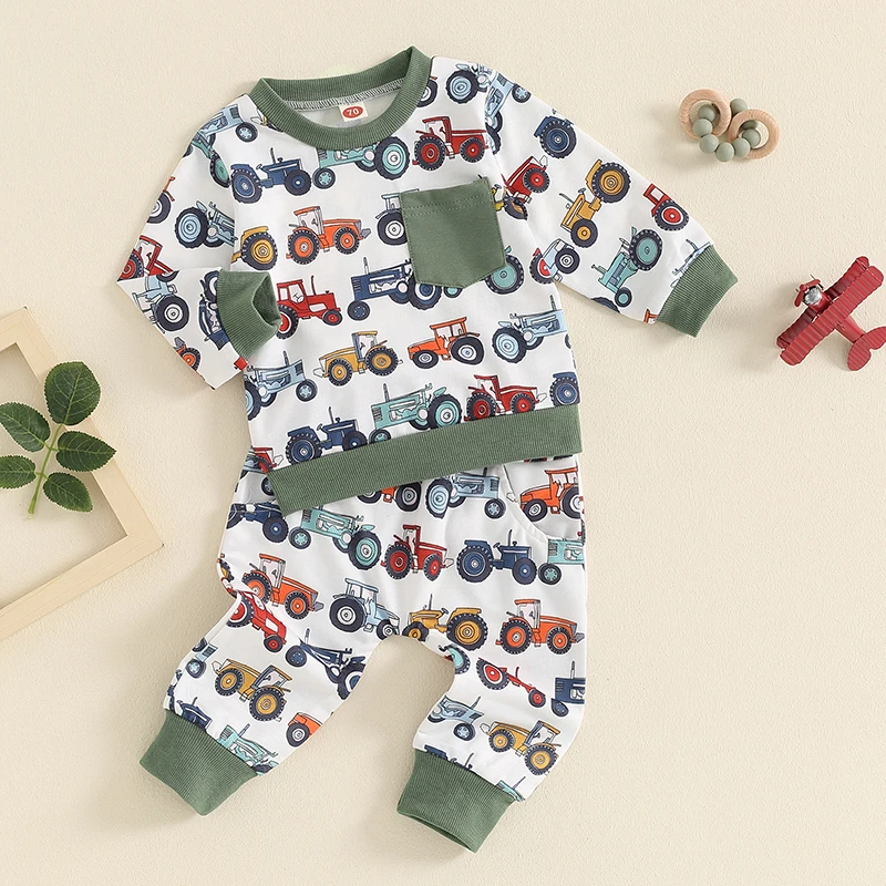 ملابس مزرعة بأكمام طويلة للأطفال ، طقم بنطال جيب مطبوع على الجرار ، ملابس أطفال ، سويت شيرت