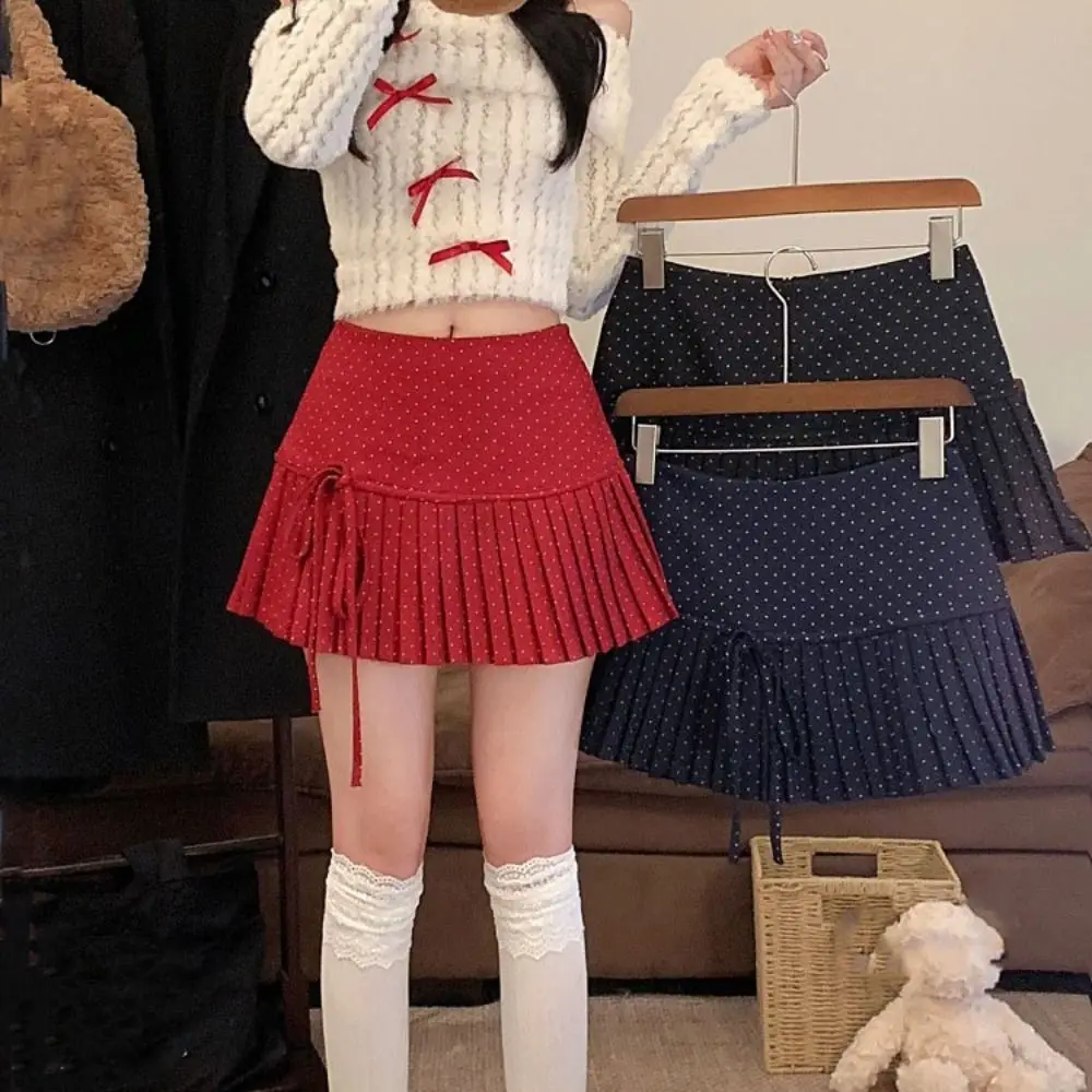

Sweet Sweet Pleated Skirts for Women Preppy Style Bowknot Dot Mini Skirt High Waist with Safety Pants A-line Short Skirts Party