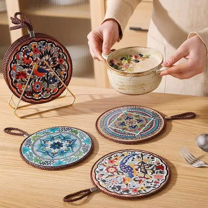 Vintage Ceramic Heat Insulating Mat Heat Resistant Mat With Cork Base Coasters New Chinese Style Dinner Mat With Hanging Rope