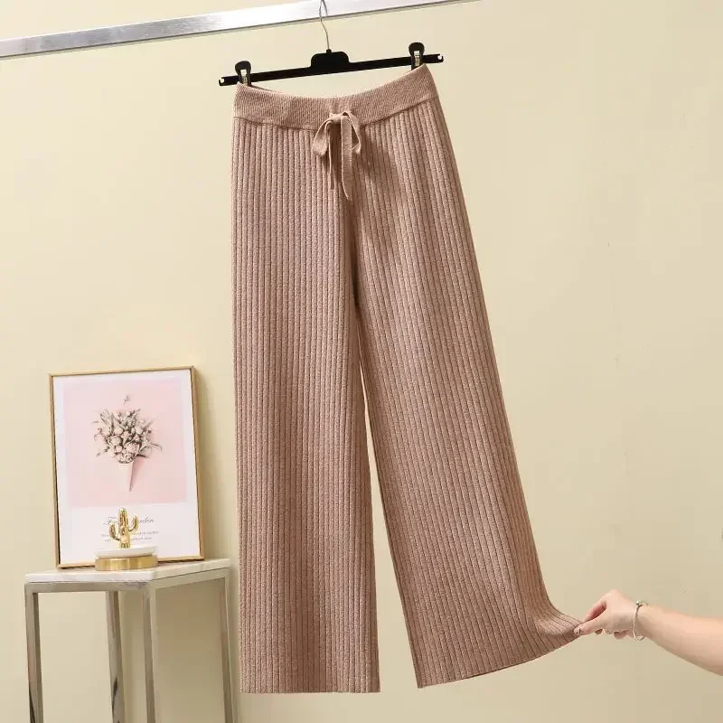 Women's Wool Wide-Leg Pants Fall/Winter High Waist Drooping Slimming Casual Loose Straight Knit Mop Trousers