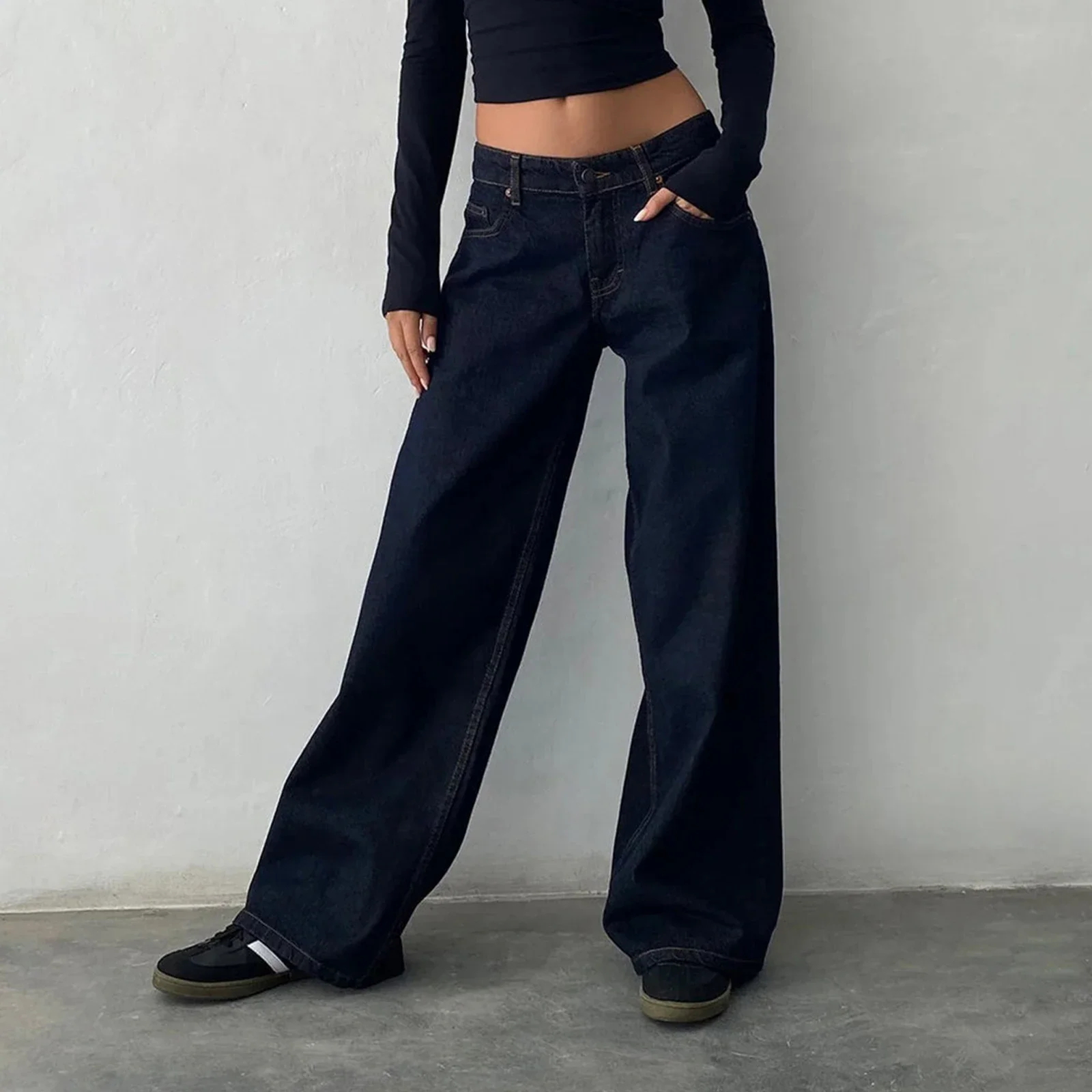 Loose Fit Boyfriend Straight Wide Leg Jeans Women Y2K Aesthetic Low Rise Baggy Jeans Trendy Stretch Long Denim Pants Trousers