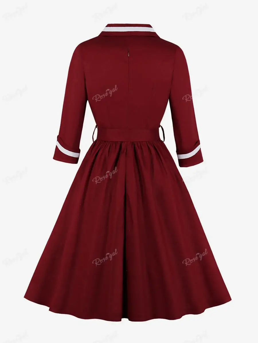 ROSEGAL Plus Size Surplice Zipper Back Vintage Dress With Belt Women Spring Autumn Three Quarter Sleeve V-Neck Sashes Dresses 4X