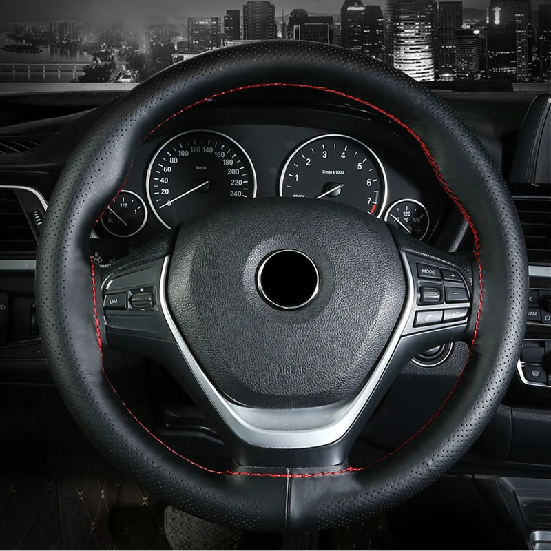 Car Steering Wheel Cover Genuine Leather Soft & Breathable Universal 38cm DIY Hand Sewing Kit Needle Thread Anti-Slip Design