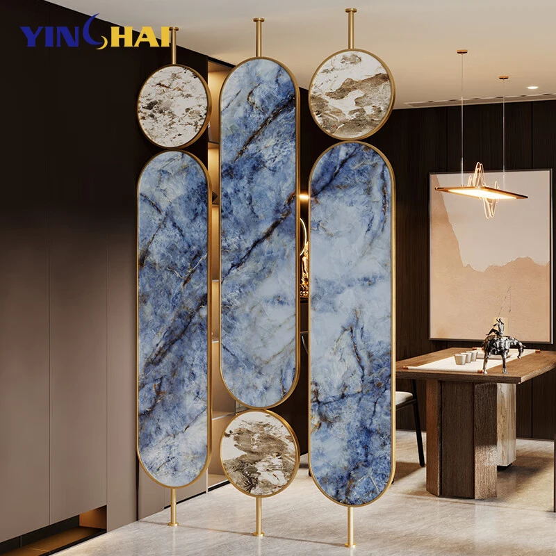 Custom Size Modern Circular Oval Marble Stainless Steel Metal Frame Screen Partition Divider For Living Room Wall Dividers