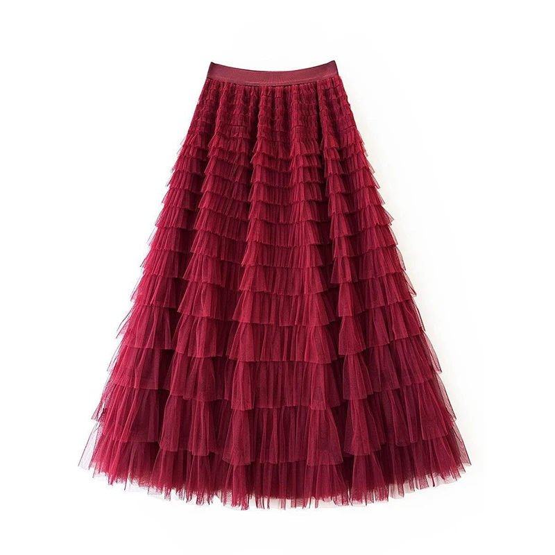 Gonna solida in rete con volant multistrato Donna Boho Gonna lunga maxi in tulle a vita alta Abbigliamento donna primavera estate