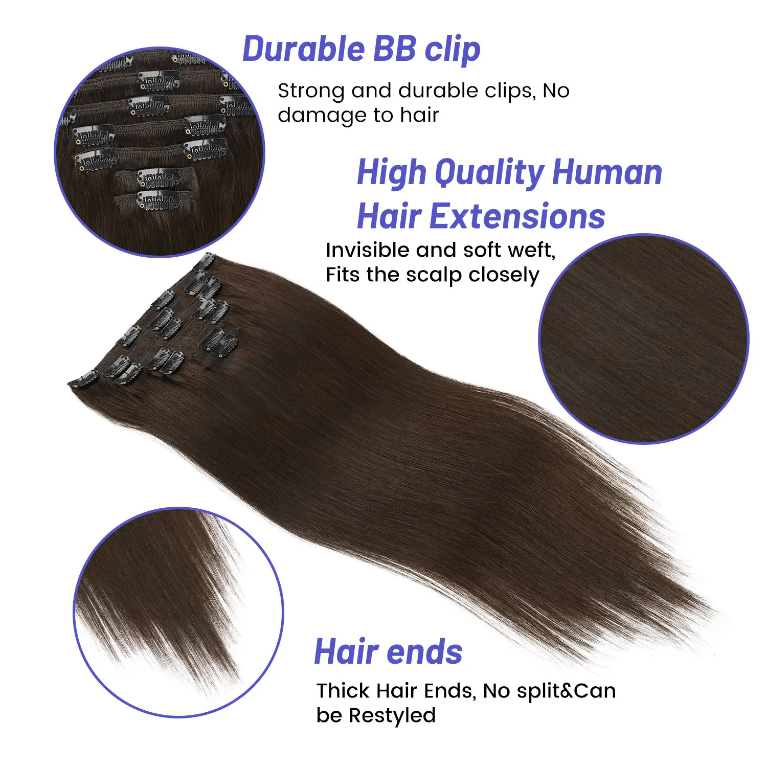 وصلات شعر بشري بمشبك في شعر ريمي 7 قطع/مجموعة 120 جرام شعر حريري مستقيم 20 بوصة 22 بوصة 24 بوصة لون بني داكن للنساء والفتيات #4