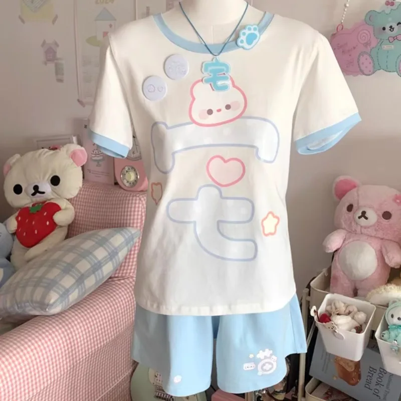Japanisches Original süßes verwirrtes Bärenhaus, süßer Druck, reine Baumwolle, kurzärmeliges, lockeres Sport-T-Shirt mit Shorts, Anzug für Damen