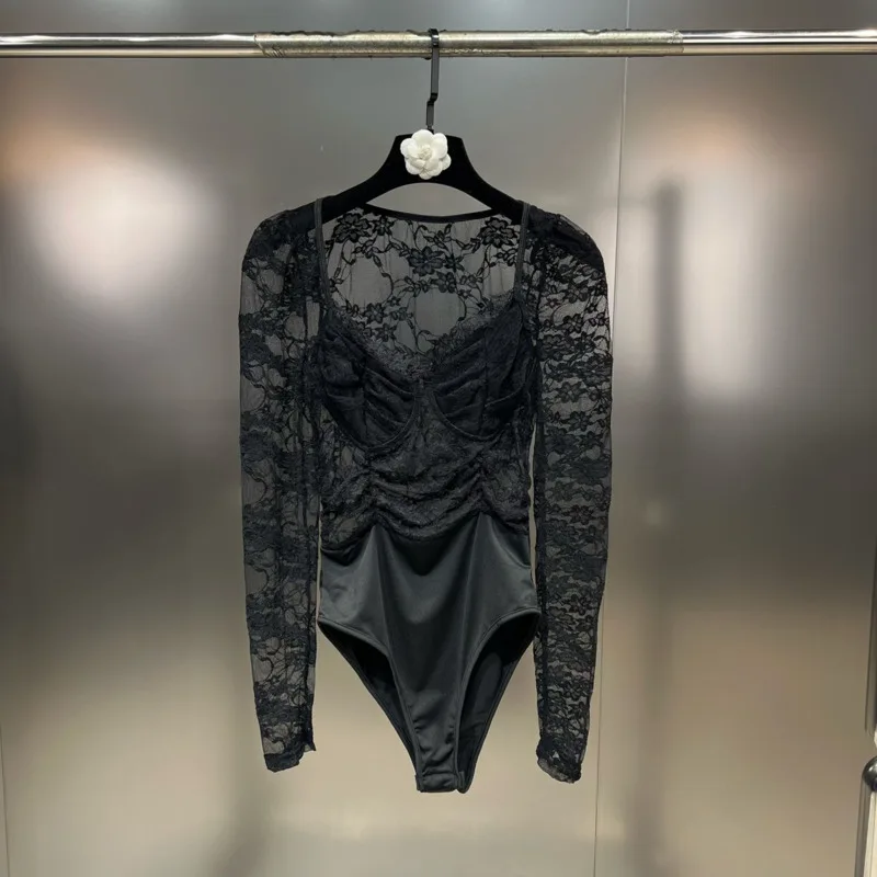 

BORVEMAYS Lace Black Sexy Jumpsuits Long Sleeve Solid Color Perspective Slim T-shirt 2024 Spring Summer New WZ7793