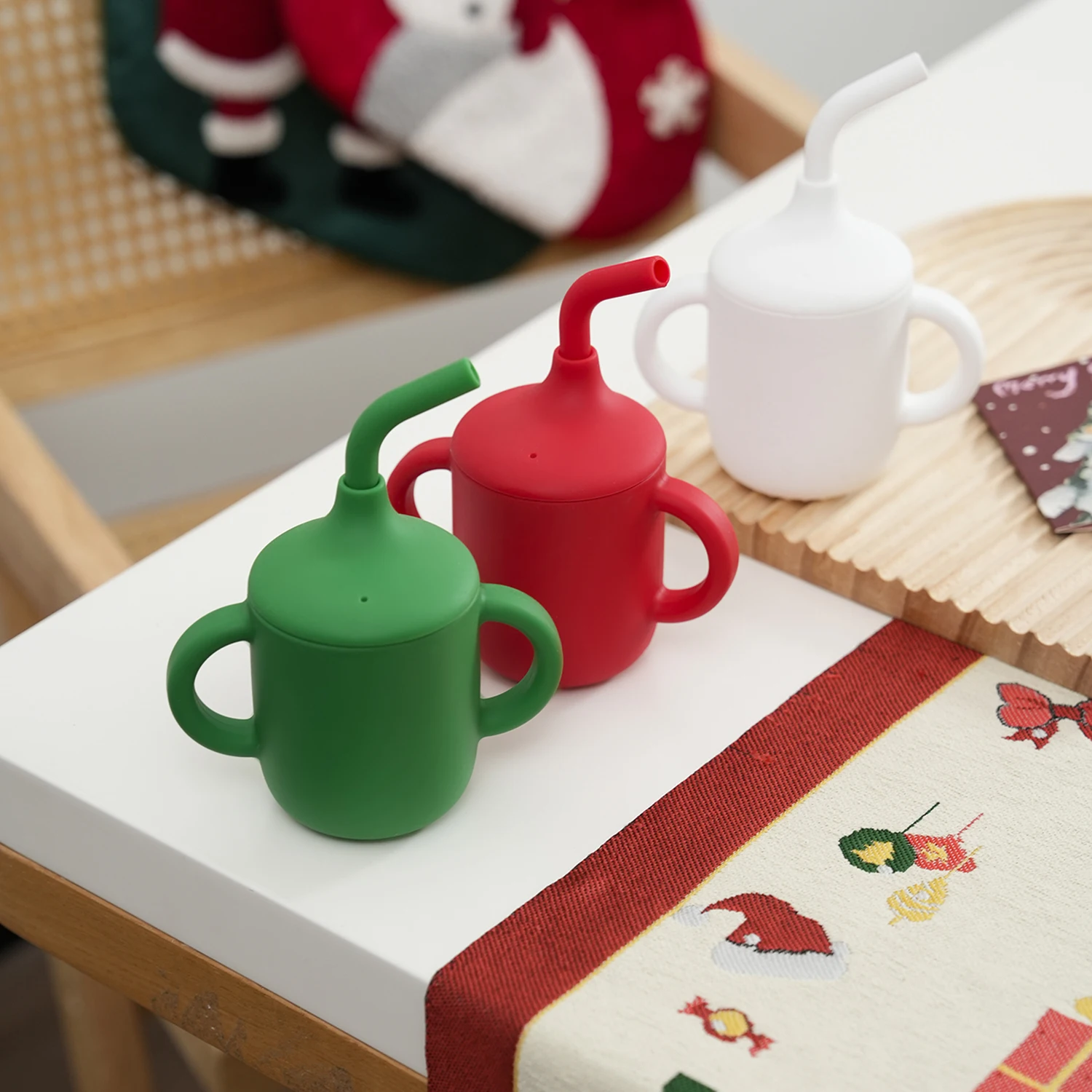 لون الاطفال 1 قطعة تغذية الطفل كوب بقشة مقبض مزدوج BPA الحرة الرضع سيليكون كوب التعلم التدريب مياه الشرب هدية الكريسماس #3