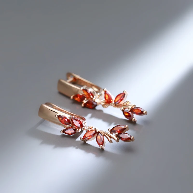SYOUJYO 585 Rose Gold Color Long Drop Earrings For Women Orange Natural Zircon Bride Wedding Jewelry Vintage Leaf Dangle Earring