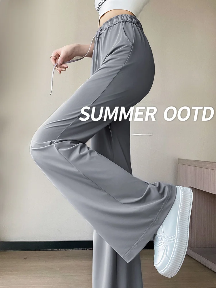 

Женские летние тонкие брюки из ледяного шелка с высокой талией, быстросохнущие, облегающие, для спорта и йоги, повседневные, с защитой от солнца, расклешенные