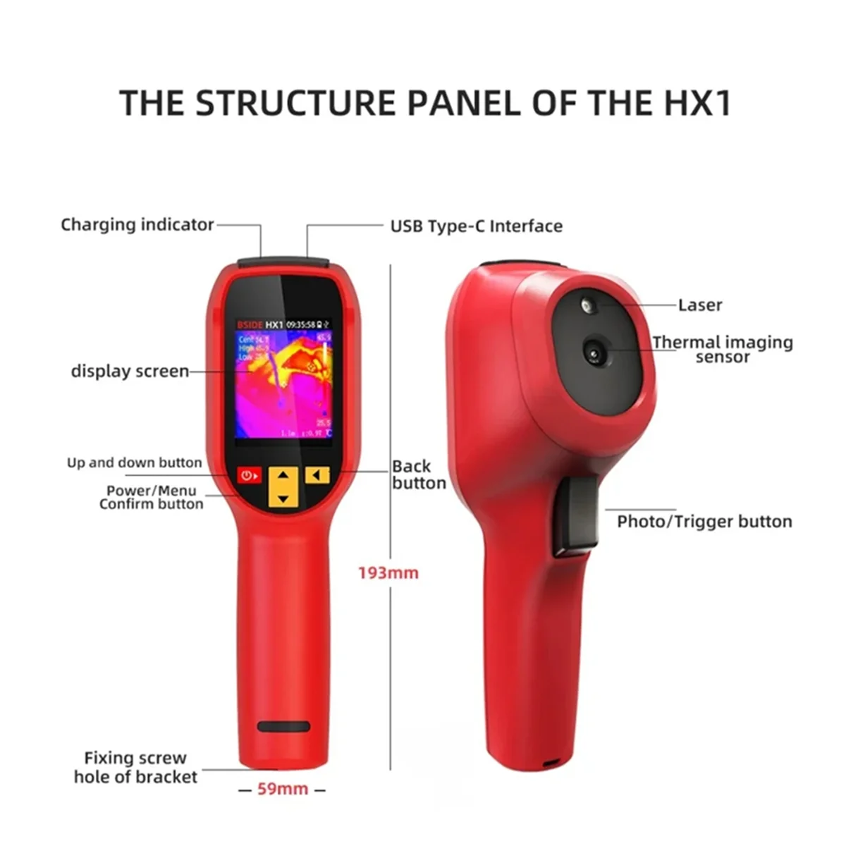 מיקרובולומטר תרמי נייד BSIDE HX1 עם תמונה אינפרא-אדום, טרמומטר רדיומטרי נייד ומצלמה תרמית