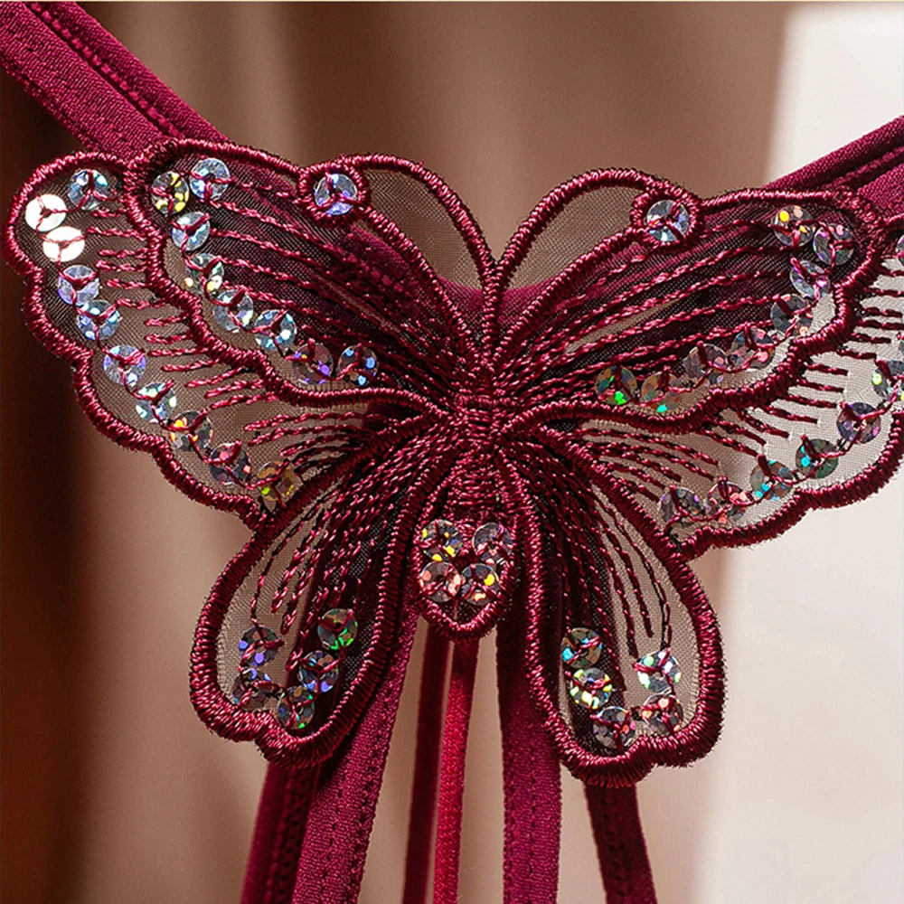 セクシーな蝶刺繍スパンコール付き下着、セクシーなTバックランジェリーパンティー