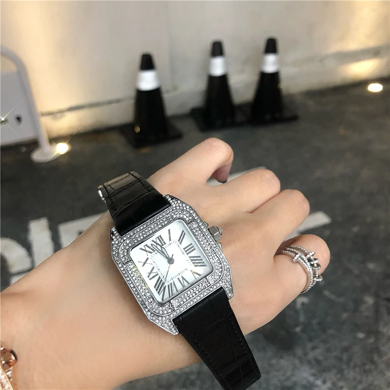 Brand Wrist Watches Man Woman Unisex Square Diamond Crystal Style Quartz Black Leather Strap Luxury Clock