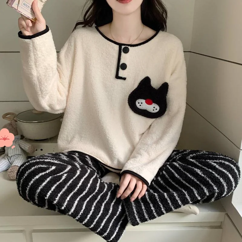 

half-pile Women's pajamas cute Korean version black cat suit Sleepwear fleece-lined thicken keep warm coral fleece girl homewear