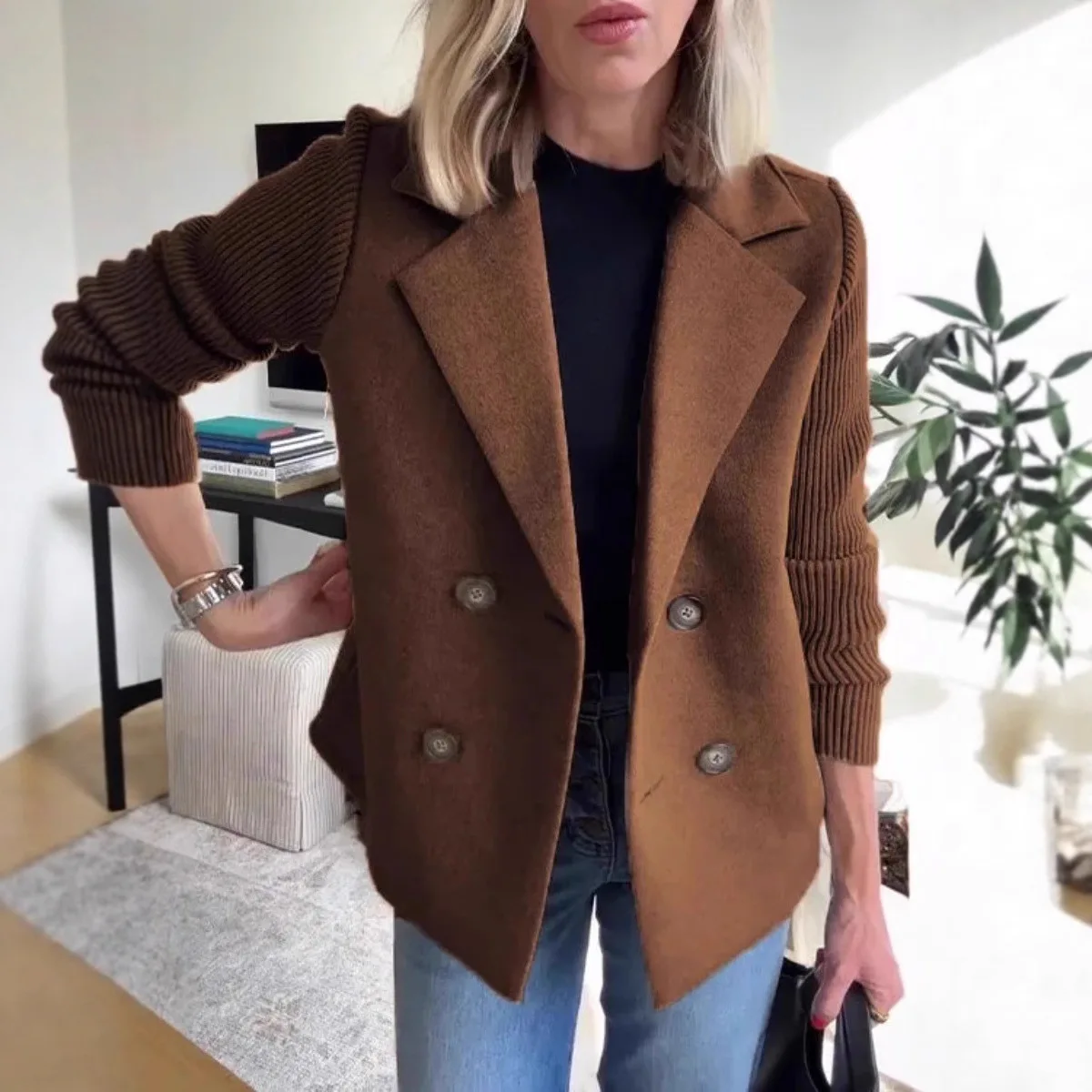 Women's Lapel Button Blazers Cardigan Casual Wool Blend Patchwork Tweed Jacket Elegant Fashion Outerwear Business Work Coat