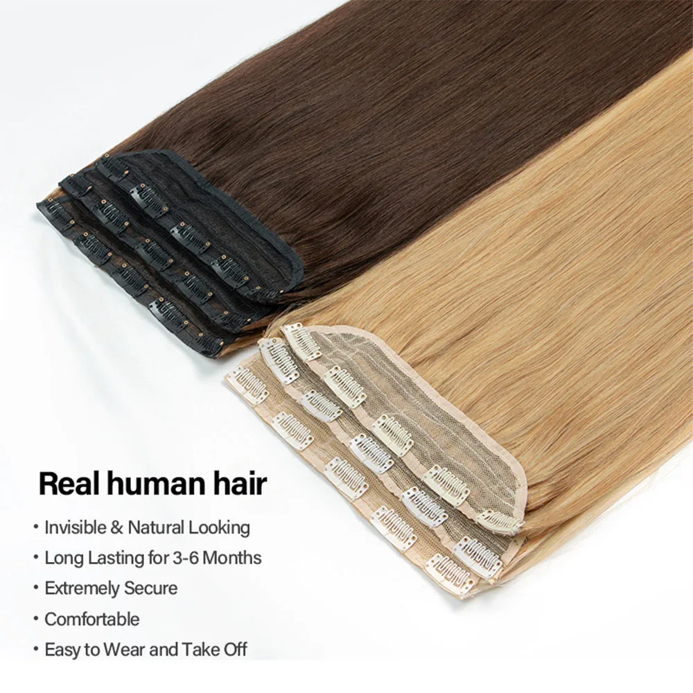 クリップインワンピース人毛エクステンション 40-50 グラムブロンドブラウン横糸クリップ天然シルクストレートかつら女性のための 12 ''-22''