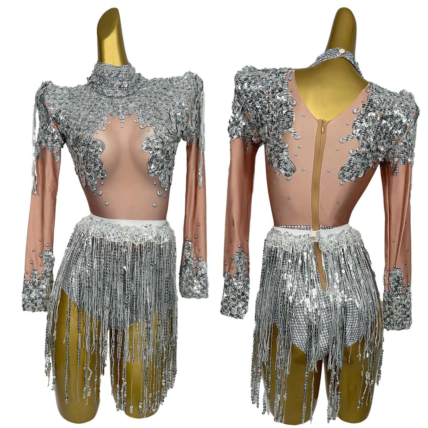 Sexy Two Piece Sequin Tassels Bodysuit Stage Outfit Dress Women Pole Dance Nightclub Party Wear Drag Queen Costumes Nainiang