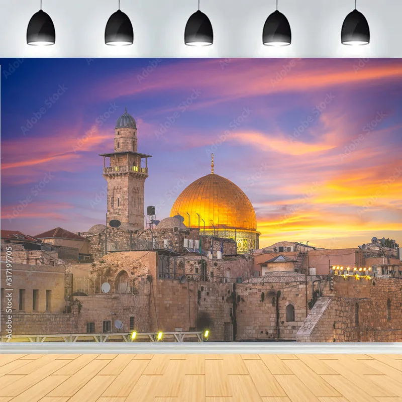

Golden Dome Of Shrine Photography Backdrops Jerusalem's Old City Western Wall On Temple Landscape Mountains Background YSL-03