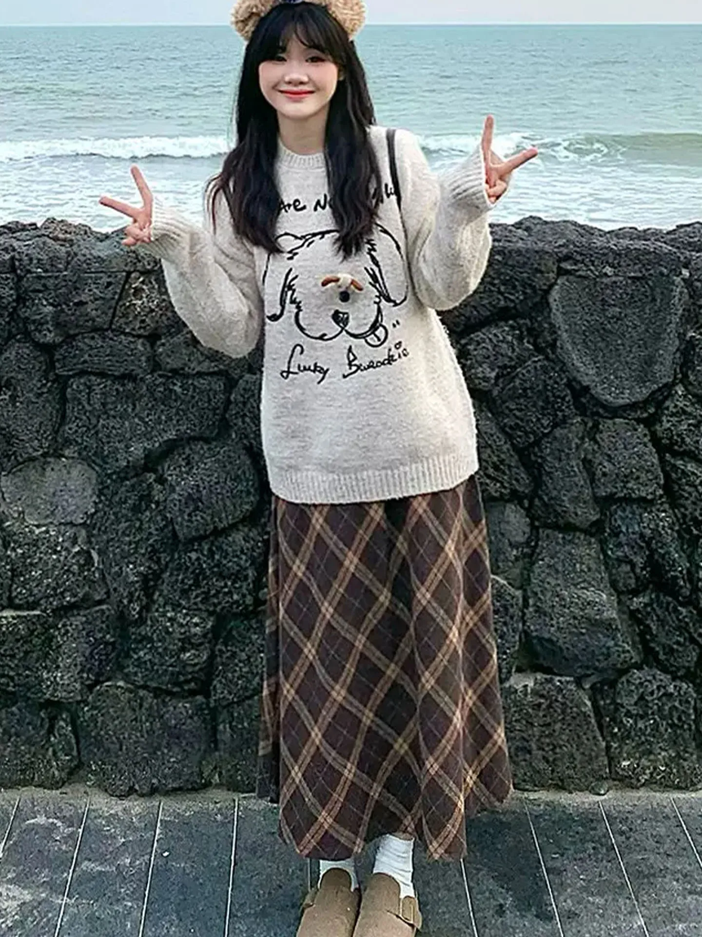 High Waist Plaid Woolen  Skirt Women's Autumn Style plus Size Vintage Half Skirt Slimming Effect Girls Love Pleats
