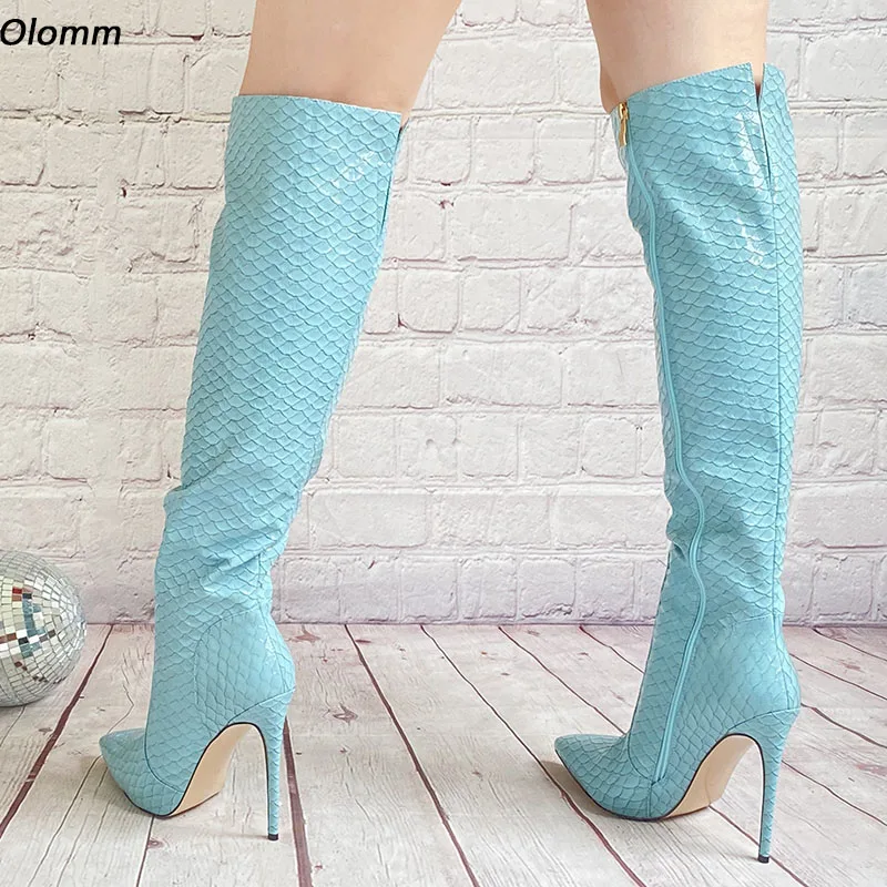 Olomm Handmade Women Winter Knee Boots Fish Scale Stiletto Heels Pointed Toe Light Blue Dress Shoes Women Plus US Size 5-15