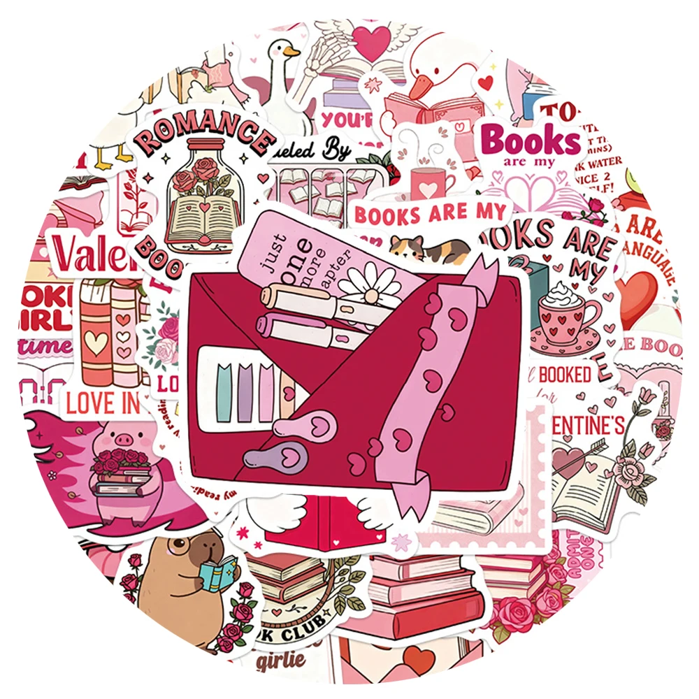 

10/30/50pcs Cute Pink Valentine's Day Bookish Stickers Cartoon Animal Reading Book Sticker Luggage Phone Diary Decals Supplies