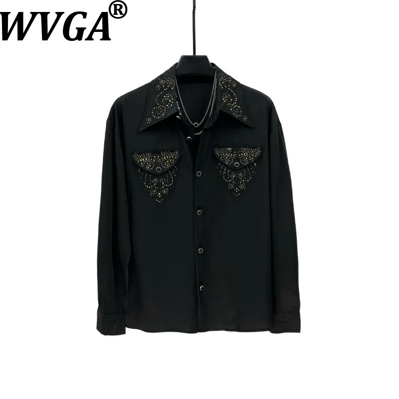 

WVGA Весенне-Осенняя новая мужская рубашка с отложным воротником и карманами, модный дизайн, рубашка с длинными рукавами и бриллиантами, нишевый шикарный повседневный топ W13857