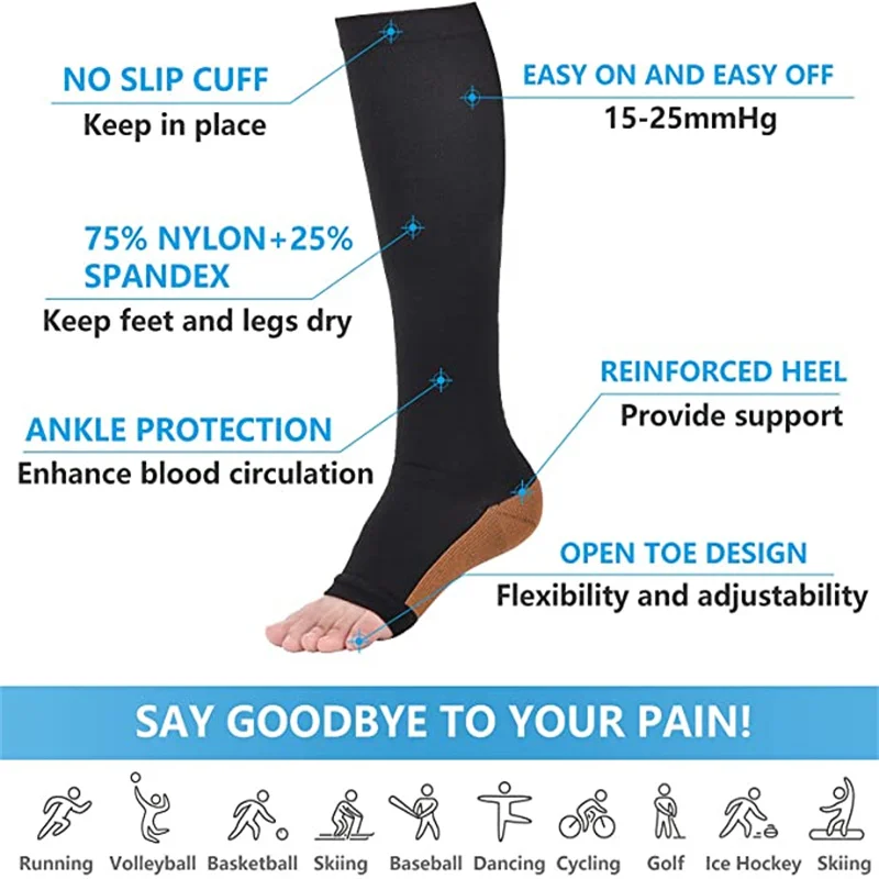 1 Pairs S-XXL Compression Socks Medical Prevent Varicose Veins Toeless Support Hose for Women Men