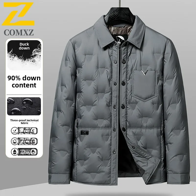 COMXZ Mens Down Jacket Premium Lapel Business Casual Ultra Light Puffer Coat Single Breasted Design Comfort Warm Winter Jackets