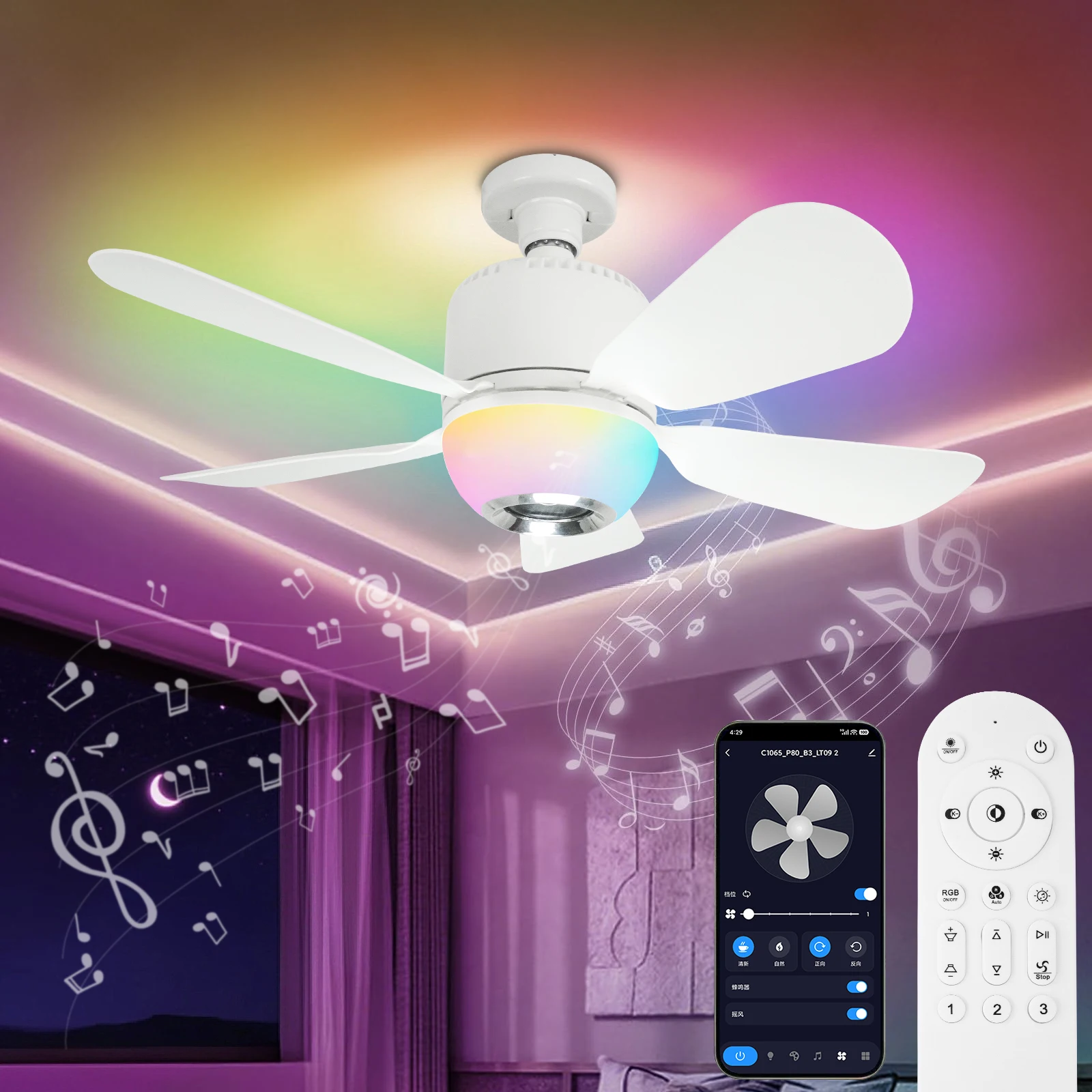 

RGB интеллектуальный потолочный вентилятор E27 с режимом затемнения динамика, 3-скоростной электрический вентилятор с дистанционным управлением, потолочный вентилятор APP RC