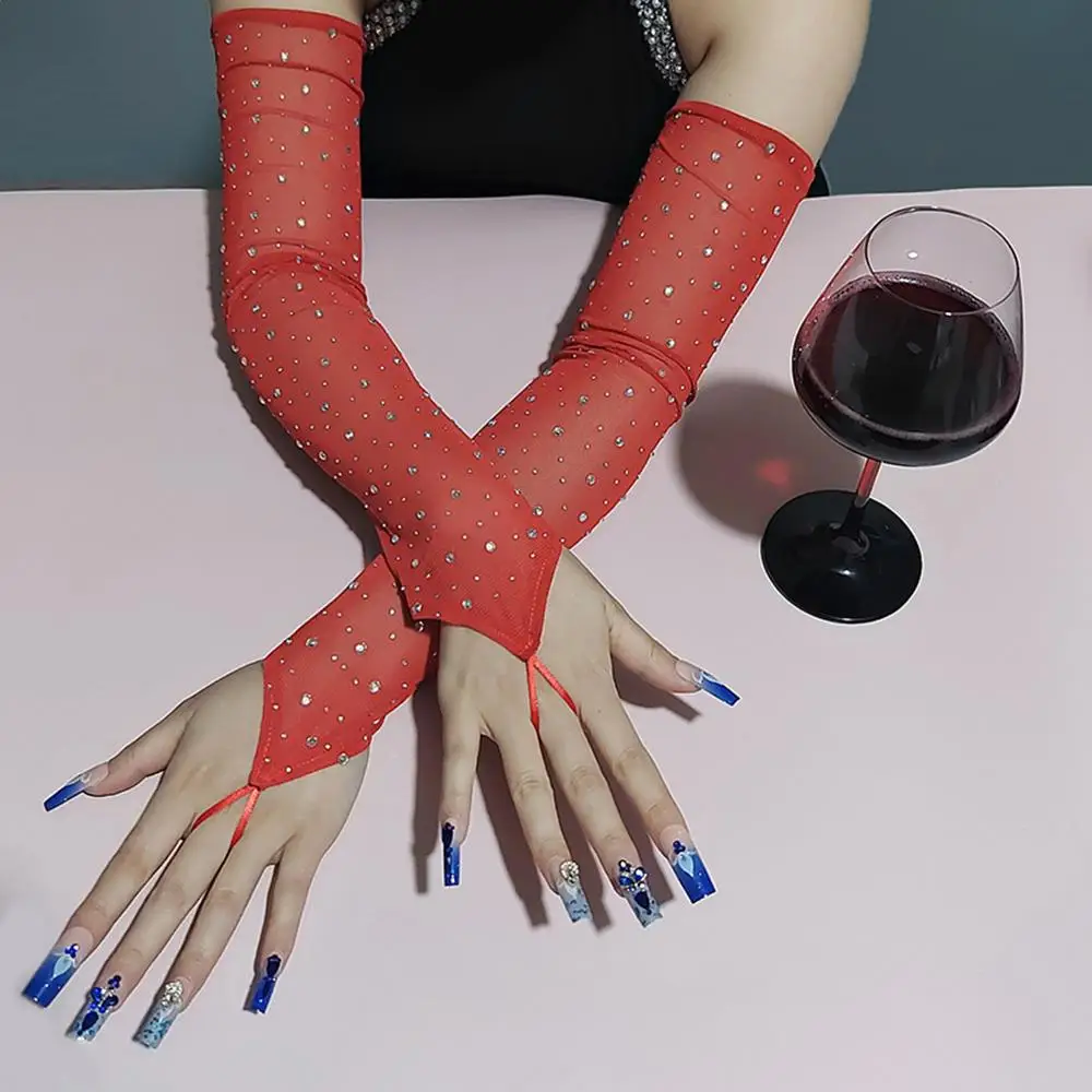 

Рождественские сетчатые женские перчатки со стразами, длинные сексуальные сверкающие перчатки с бриллиантами на палец, свадебные перчатки для невесты, косплей, рукава, 1 пара