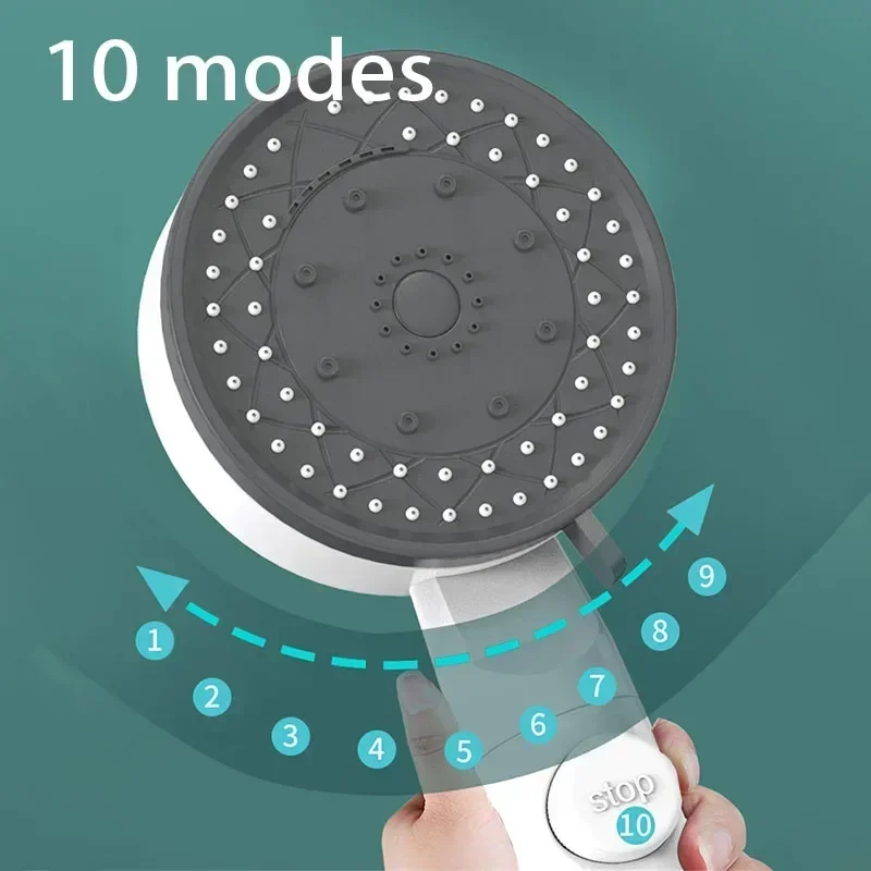 10 Mode Showerheads High Pressure Filter Showerheads One Touch Stop Bathroom Handheld Water Saving Sprayer Bathroom Accessories