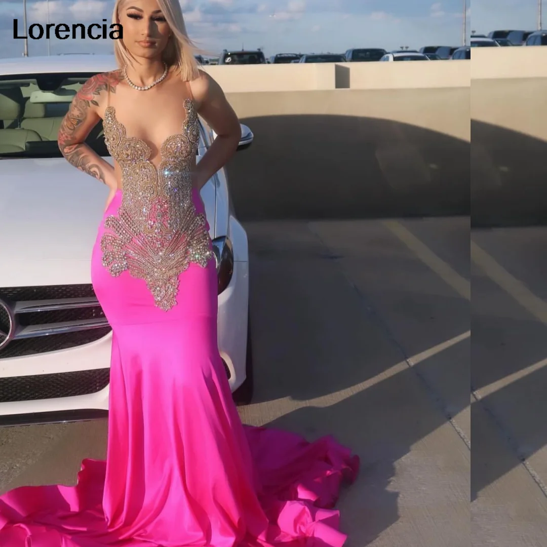 

Lorencia Pink Rhinestones Prom Dress African Slay Queen Dress For Blackgirl Silver Beaded Crystal Formal Party Gala Gown YPD109