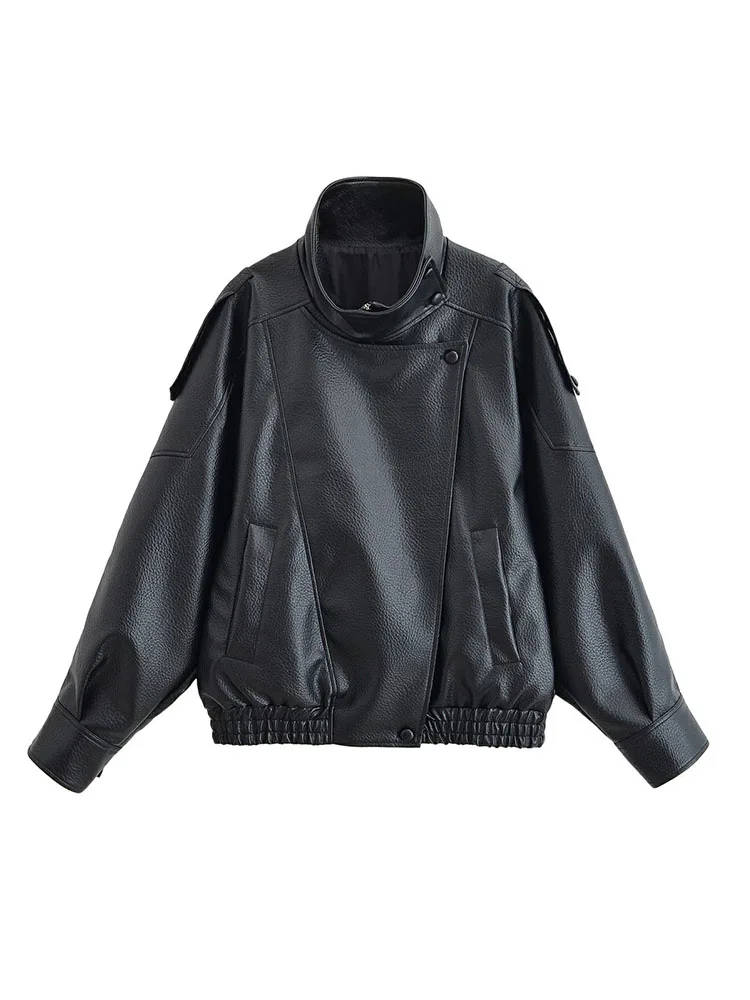 سترة نسائية لخريف 2025 بتصميم جديد من الجلد الصناعي الأسود للنساء بأكمام طويلة ورقبة عالية معطف دراجة نارية للخريف والشتاء