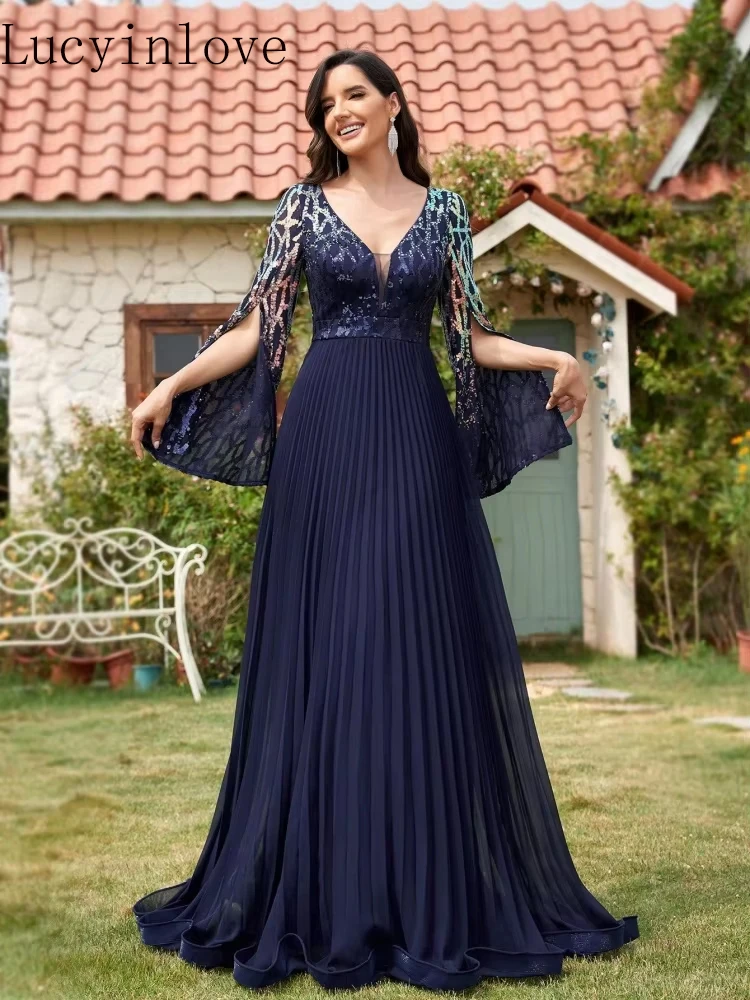 

Lucyinlove Luxury Chiffon Slit Long Sleeves Evening Dress Long 2025 Elegant Dress Wedding Party Prom Arabia Cocktail Gowns