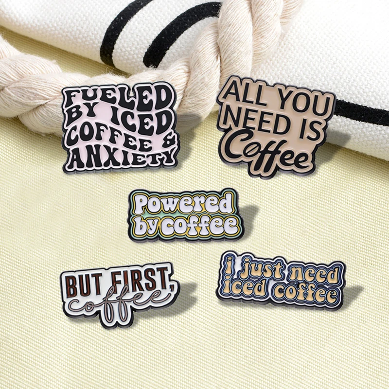 Powered By Iced Coffee Enamel Pins Custom Morning Wine Brooches Lapel Badges Funny Coffee Mind Jewelry Gift for Kids Friends