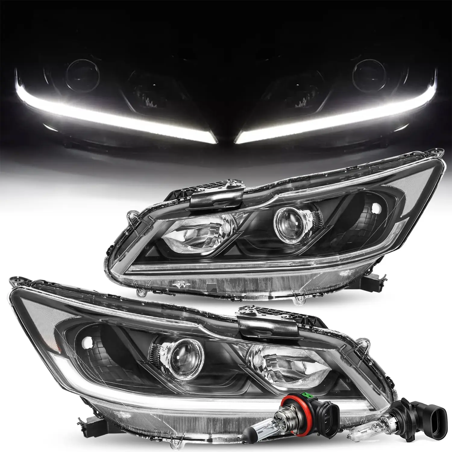 

Светодиодные фары DRL в сборе с лампами для Honda Accord Sedan 2016-2017 OEM, сменная фара проектора, черный корпус с C