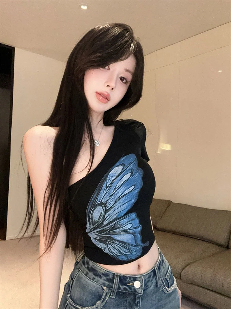 Spicy Girl ort Sve T-Shirt Damen Slim Fit Print Asymmetrical Shoulder Pure Desire Frühling Sommer Neu