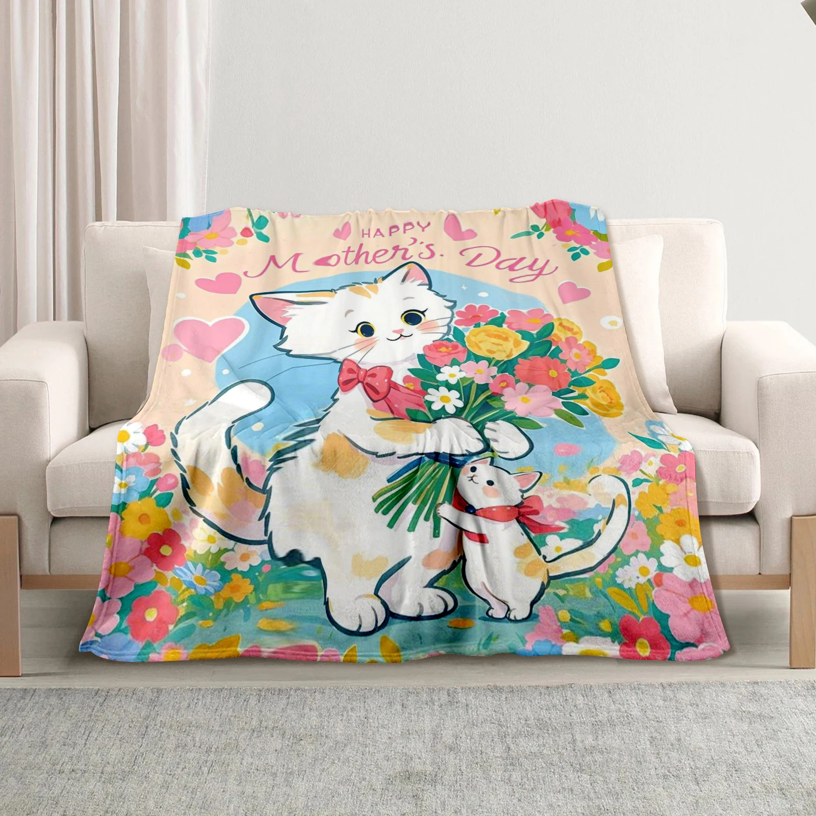

Mother'S Day Memorial Flannel Blanket With Cat And Flower Design, Soft And Cozy For Family Celebrations