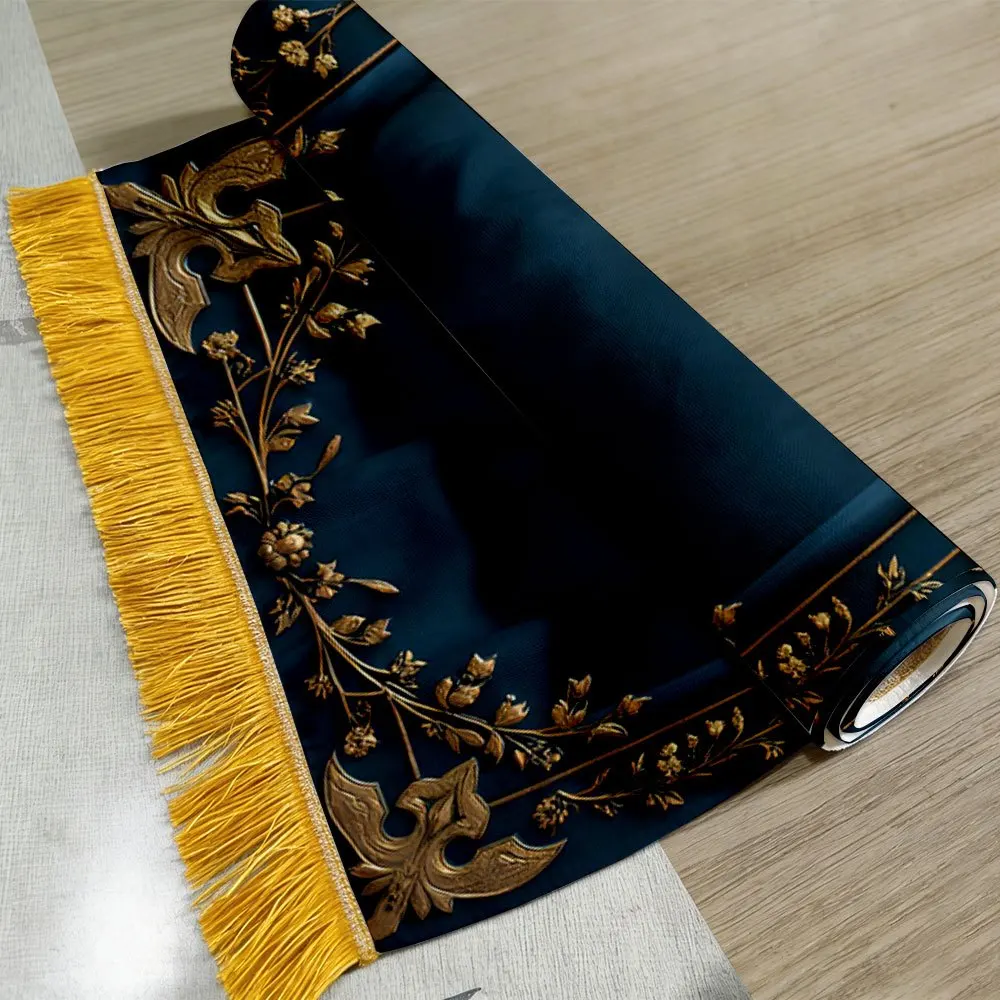 VIKAMA Muslim Prayer Rug with Arch Design, Blue Gold Luxury Travel Prayer Mat Eid Gift, Foldable Islamic Janamaz for Worship