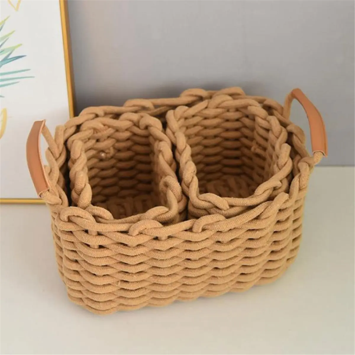 3-Pack Nesting Woven Cotton Rope Storage Baskets, Khaki, Decorative Organizer Bins with Handles